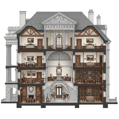Detailed cross-sectional illustration or cutaway view showing the internal layout and key structural elements of the Neoclassical (architecture)