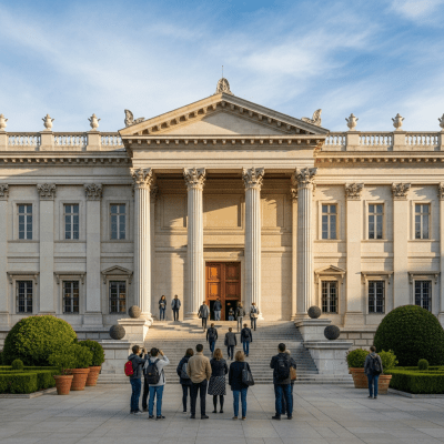 Photograph depicting Neoclassical, an example of architecture, in active use or cultural context—such as being inhabited, visited, or used for its intended purpose—while keeping focus on the structure itself