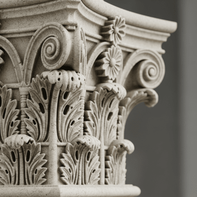 Close-up detail shot of a distinctive feature or ornamentation from the Neoclassical (architecture), showing material texture, craftsmanship, or unique design elements