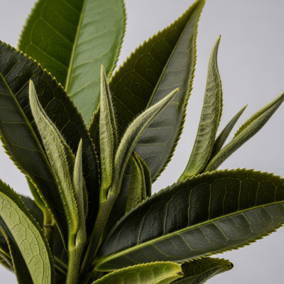 Macro photograph focusing on the texture and details of Nepal Tea leaves, within the taxonomy teas