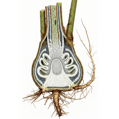 Cross-sectional illustration or photograph of a Nephrolepis cordifolia, showing internal structure such as rhizome, roots, and vascular bundles