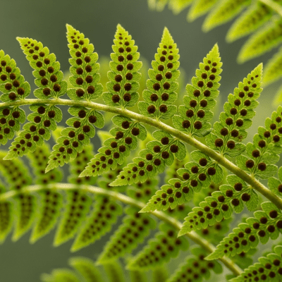 Photograph of a mature Nephrolepis cordifolia, with visible sporangia or sori on the underside of its fronds, highlighting its reproductive structures