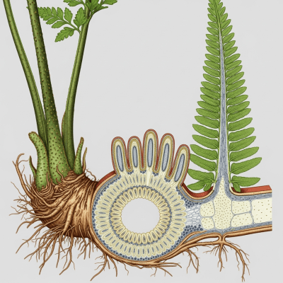 Cross-sectional illustration or photograph of a Nephrolepis exaltata, showing internal structure such as rhizome, roots, and vascular bundles