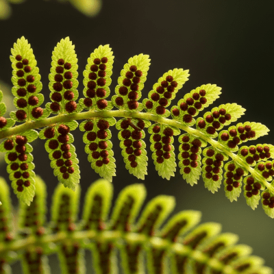 Photograph of a mature Nephrolepis exaltata, with visible sporangia or sori on the underside of its fronds, highlighting its reproductive structures