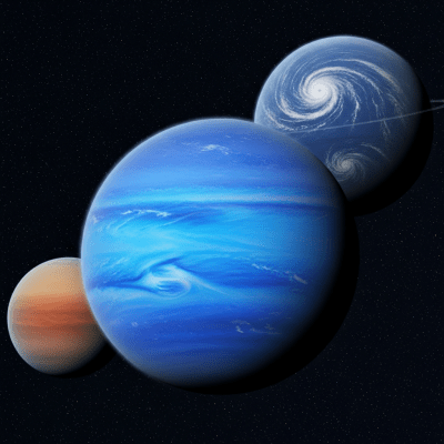 Illustration of a Neptune-like (planets) as it might appear in an educational context, with canonical example planets shown nearby for reference