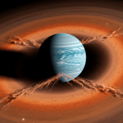 Realistic rendering of a Neptune-like, shown in a simulated planetary formation environment