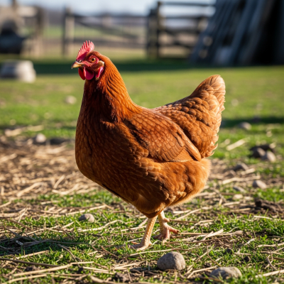 Naturalistic image of a New Hampshire Red belonging to the chicken taxonomy in its typical outdoor environment