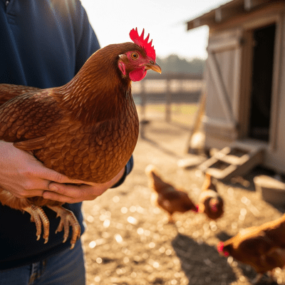Photograph of a New Hampshire Red from the chicken taxonomy interacting with humans in a typical farm setting