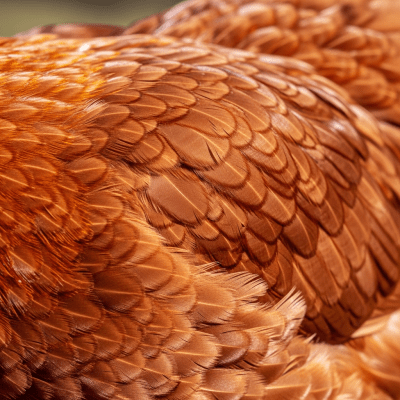 Close-up macro photograph highlighting the feather texture and coloration of a New Hampshire Red from the chicken taxonomy
