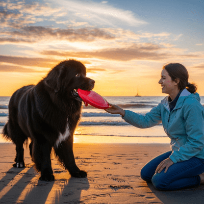 Image of a Newfoundland interacting with humans in a typical cultural or domestic setting