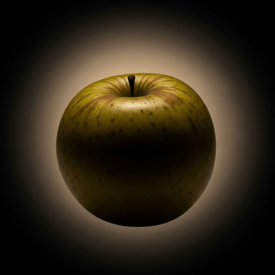Editorial-style image of a single Newton Pippin from the taxonomy apples, dramatically lit against a dark gradient background to highlight color and texture.