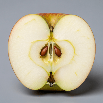 A close-up image showing a cross-section of a Newton Pippin of the taxonomy apples, sliced cleanly in half to reveal internal structure, seeds, and flesh