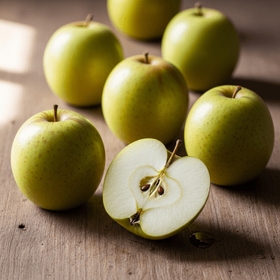 A simple arrangement showing several whole and one cut-open Newton Pippin, displayed on a wooden surface