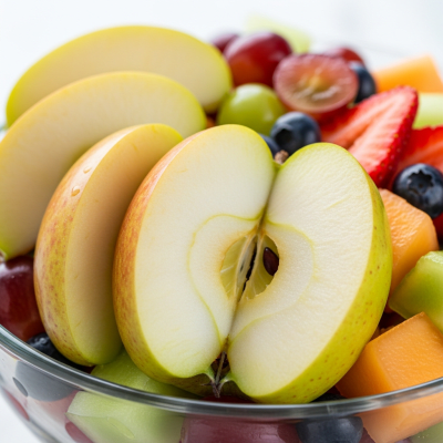 A photograph of a freshly sliced Newton Pippin of the taxonomy apples, presented as part of a fruit salad in a clear bowl