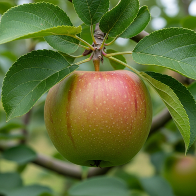 A naturalistic photograph of a Newton Pippin, hanging on its tree branch with leaves visible