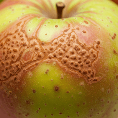 A detailed macro shot focusing on the skin texture and color variation of a Newton Pippin