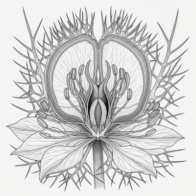 Cross-sectional illustration of a Nigella (flowers), showing internal parts such as stem, petals, and reproductive organs