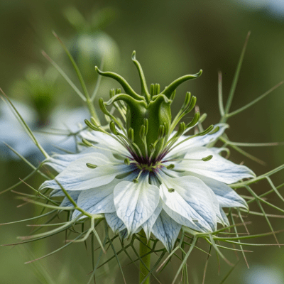 Detailed macro image of a Nigella (flowers), focusing on the intricate structure of petals, stamens, and pistil