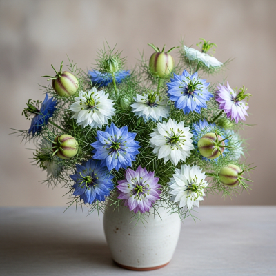 Image of a Nigella (flowers) arranged in a traditional bouquet or floral arrangement