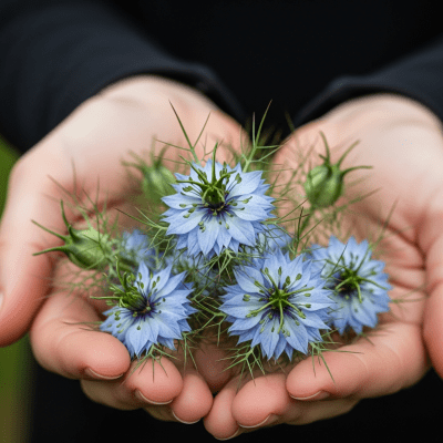 Photograph of a Nigella (flowers) being held or interacted with by a person in a gentle way