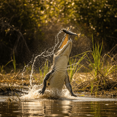 A dynamic action shot of a Nile Crocodile, part of the taxonomy reptiles, in motion such as climbing, swimming, basking, or hunting in its environment