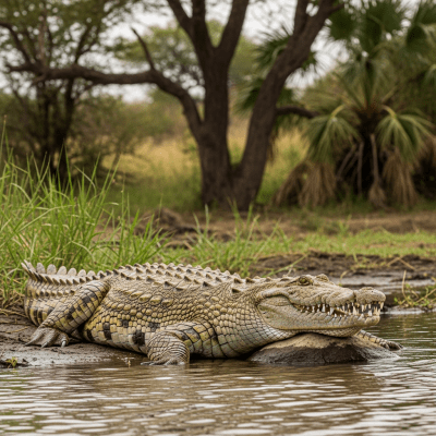 A detailed image of a Nile Crocodile (reptiles) in its typical natural habitat