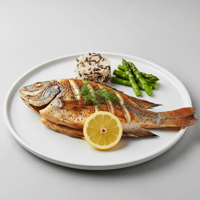 A culinary presentation featuring a prepared dish made with Nile Tilapia, of the taxonomy fish