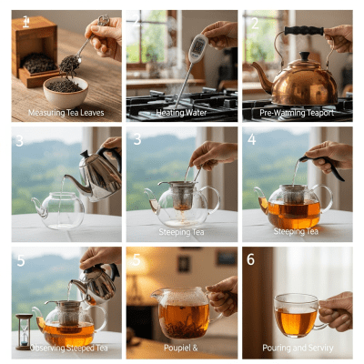 Step-by-step visual depiction showing the preparation process for Nilgiri Tea, within the taxonomy teas