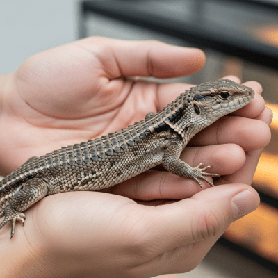 Image of a Northern Alligator Lizard interacting with humans in a responsible pet-keeping context