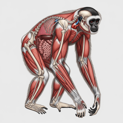 Detailed anatomical illustration of a Northern crested gibbon, part of the taxonomy apes