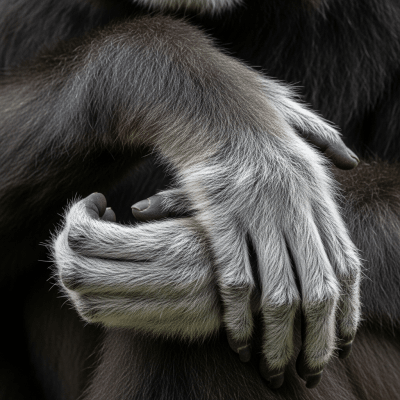 Close-up photograph of the hands or feet of a Northern crested gibbon, part of the taxonomy apes