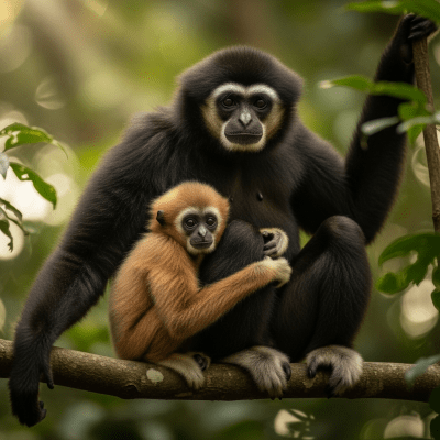 Photograph of a juvenile Northern crested gibbon (apes) alongside an adult in their environment