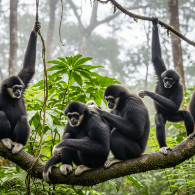 Image showing a group of Northern crested gibbon (apes) engaging in typical social behavior