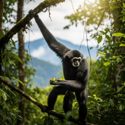 Photograph of a Northern crested gibbon (apes) in its natural habitat