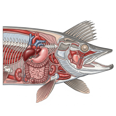 Detailed anatomical illustration of a Northern Pike, part of the taxonomy fish