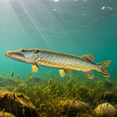 Underwater scene featuring a single Northern Pike