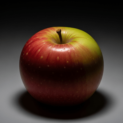 Editorial-style image of a single Northern Spy from the taxonomy apples, dramatically lit against a dark gradient background to highlight color and texture.
