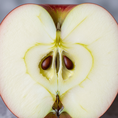 A close-up image showing a cross-section of a Northern Spy of the taxonomy apples, sliced cleanly in half to reveal internal structure, seeds, and flesh
