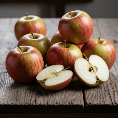A simple arrangement showing several whole and one cut-open Northern Spy, displayed on a wooden surface