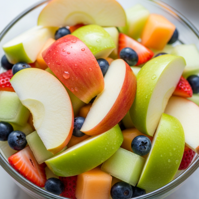 A photograph of a freshly sliced Northern Spy of the taxonomy apples, presented as part of a fruit salad in a clear bowl