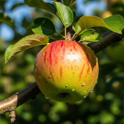 A naturalistic photograph of a Northern Spy, hanging on its tree branch with leaves visible