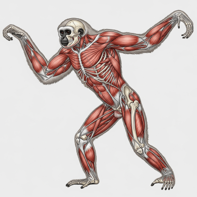 Detailed anatomical illustration of a Northern white-cheeked gibbon, part of the taxonomy apes