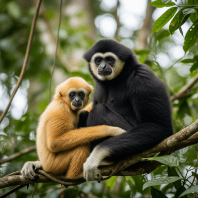 Photograph of a juvenile Northern white-cheeked gibbon (apes) alongside an adult in their environment