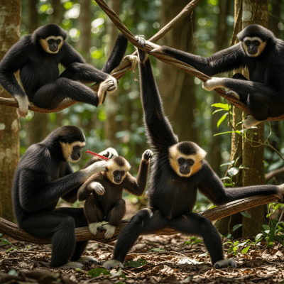 Image showing a group of Northern white-cheeked gibbon (apes) engaging in typical social behavior