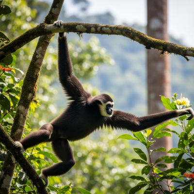 Photograph of a Northern white-cheeked gibbon (apes) in its natural habitat