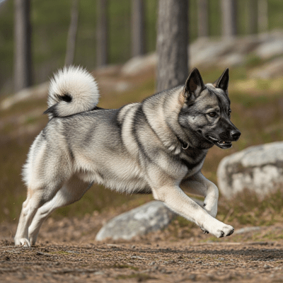Full body action shot of a Norwegian Elkhound