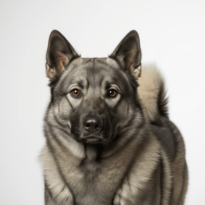 High quality studio photograph of a single Norwegian Elkhound