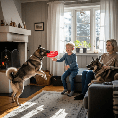 Image of a Norwegian Elkhound interacting with humans in a typical cultural or domestic setting