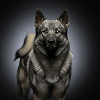 Editorial-style portrait of a Norwegian Elkhound from the taxonomy dogs.