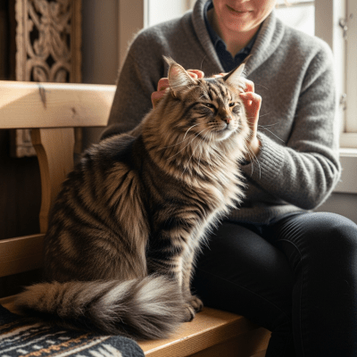 Image of a Norwegian Forest Cat interacting with humans or participating in cultural activities